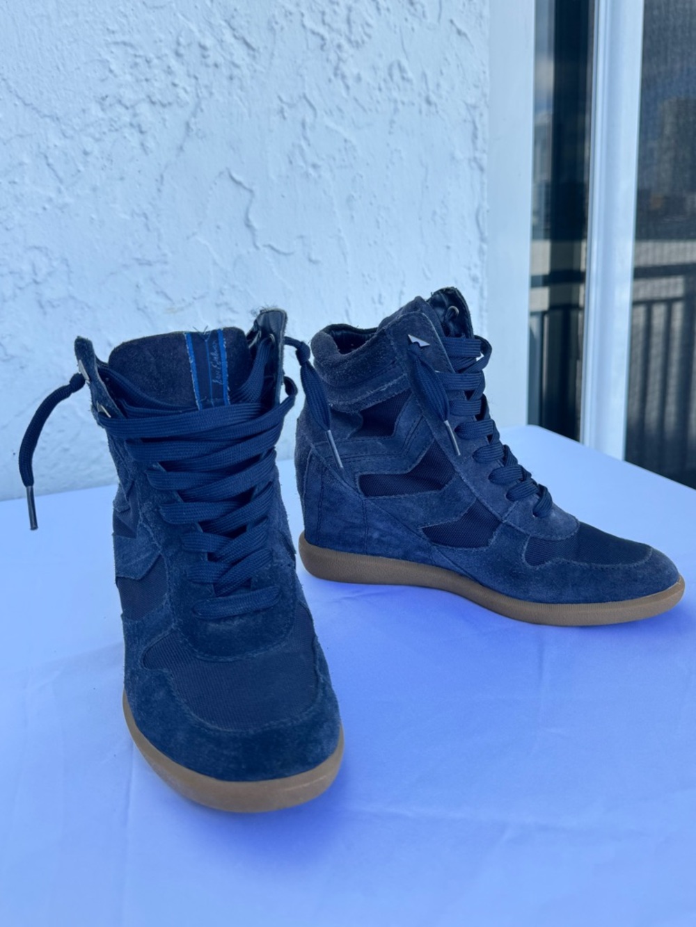 Sam Edelman Navy Suede Wedge Sneakers with Gum Sole